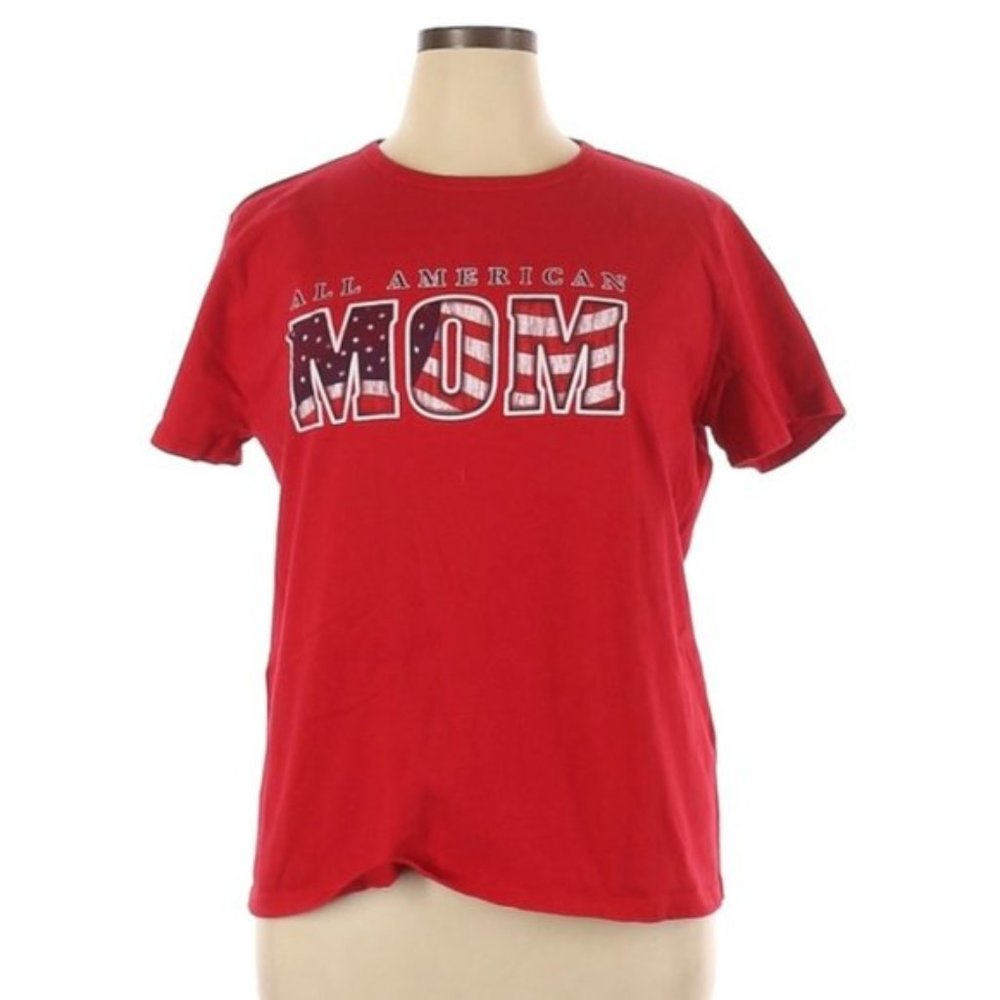 HANES Women's Size XL (Extra Large) Red All American Mom Flag T Shirt Tee